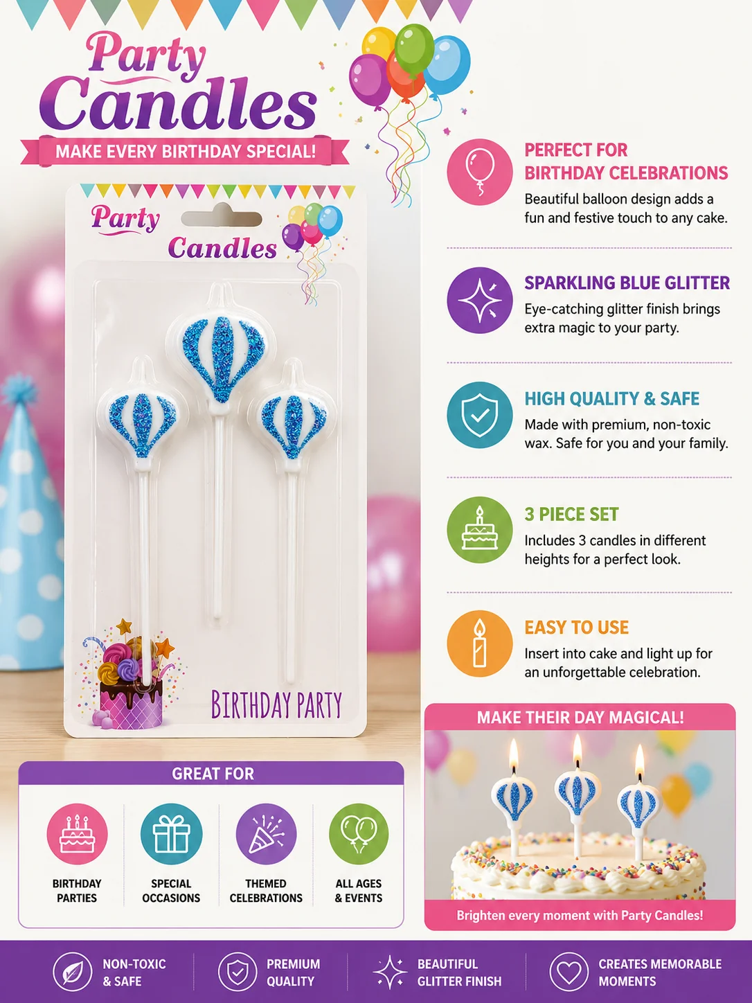 Glitter Balloon Cake Candles